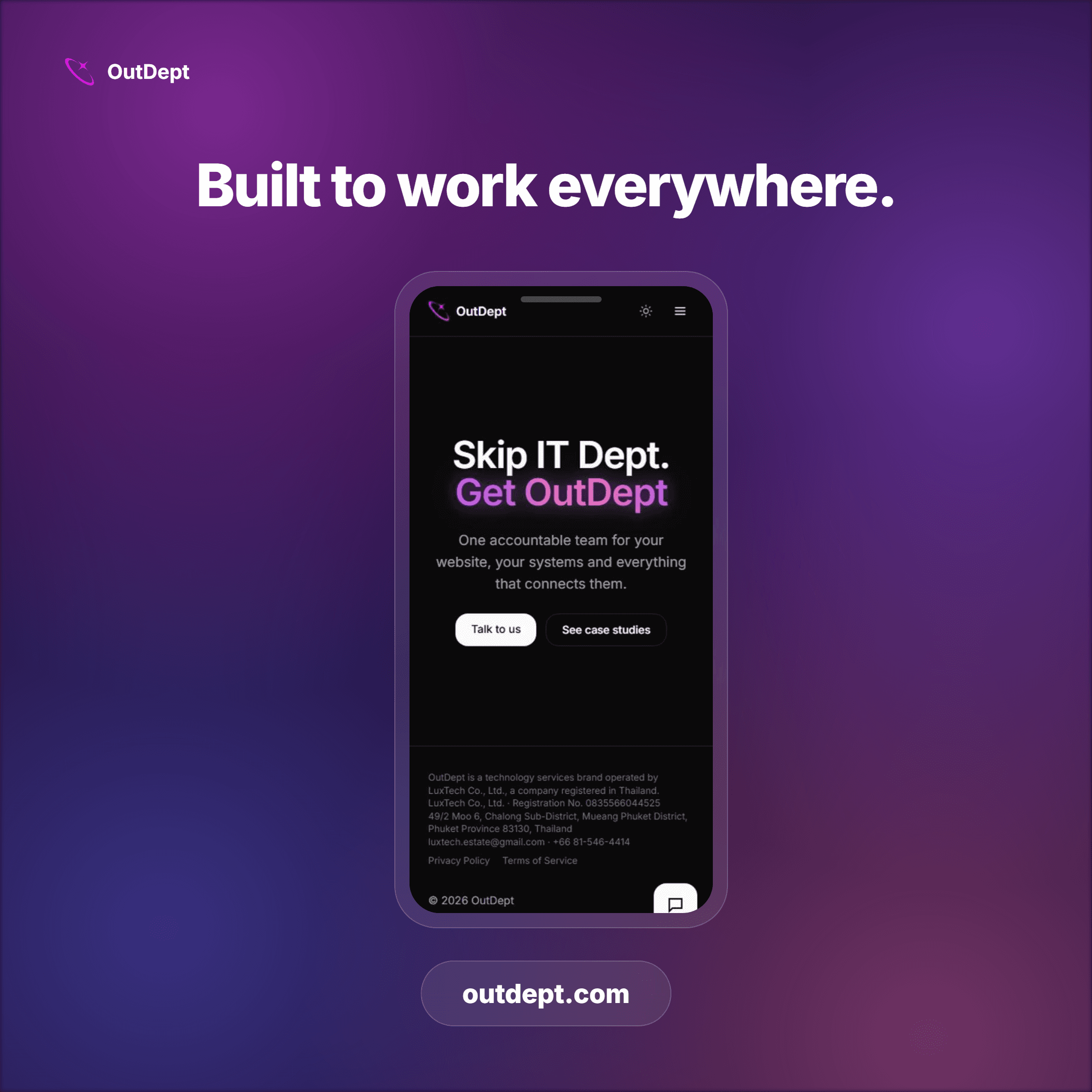 OutDept website shown on a mobile phone screen