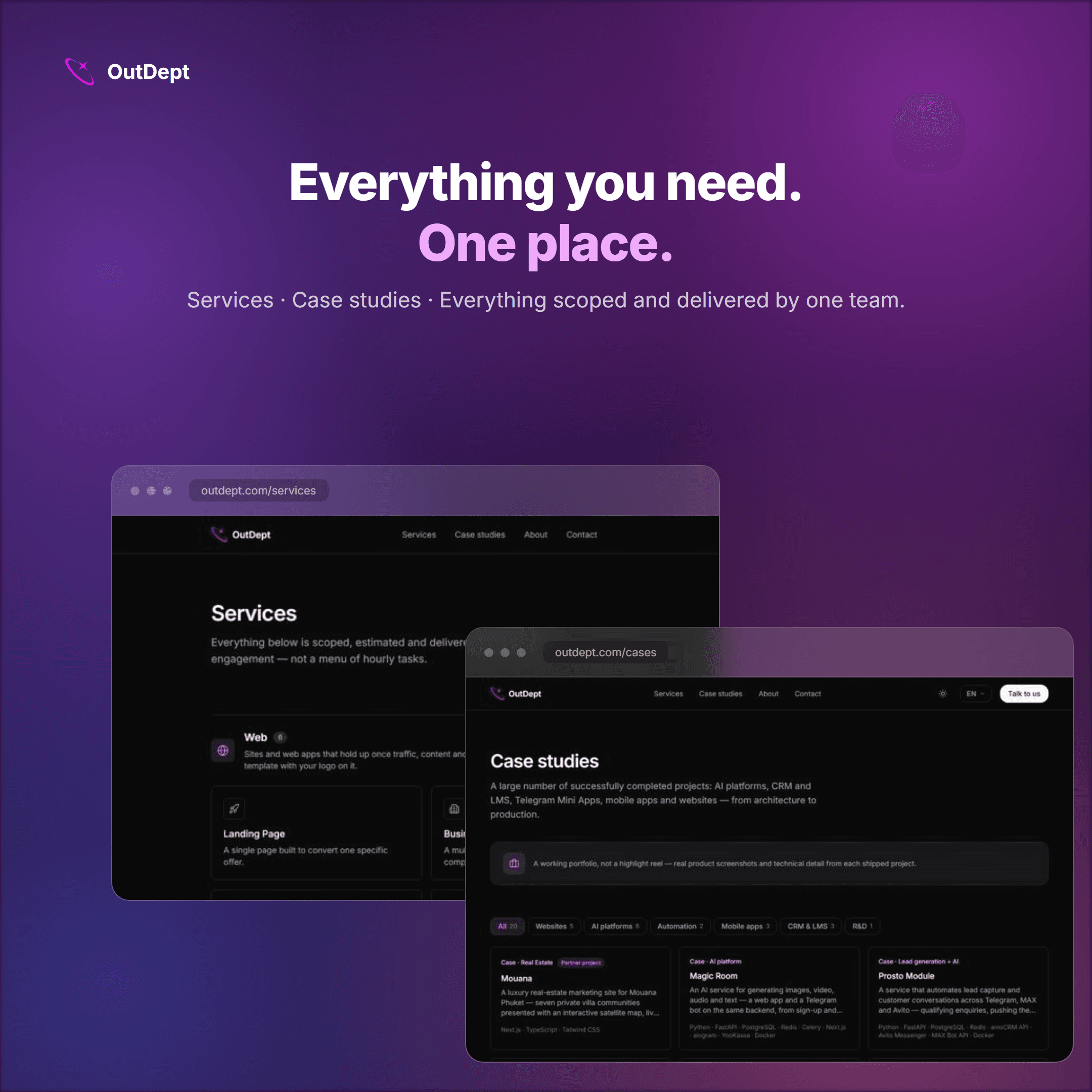 OutDept services page and case studies page shown side by side