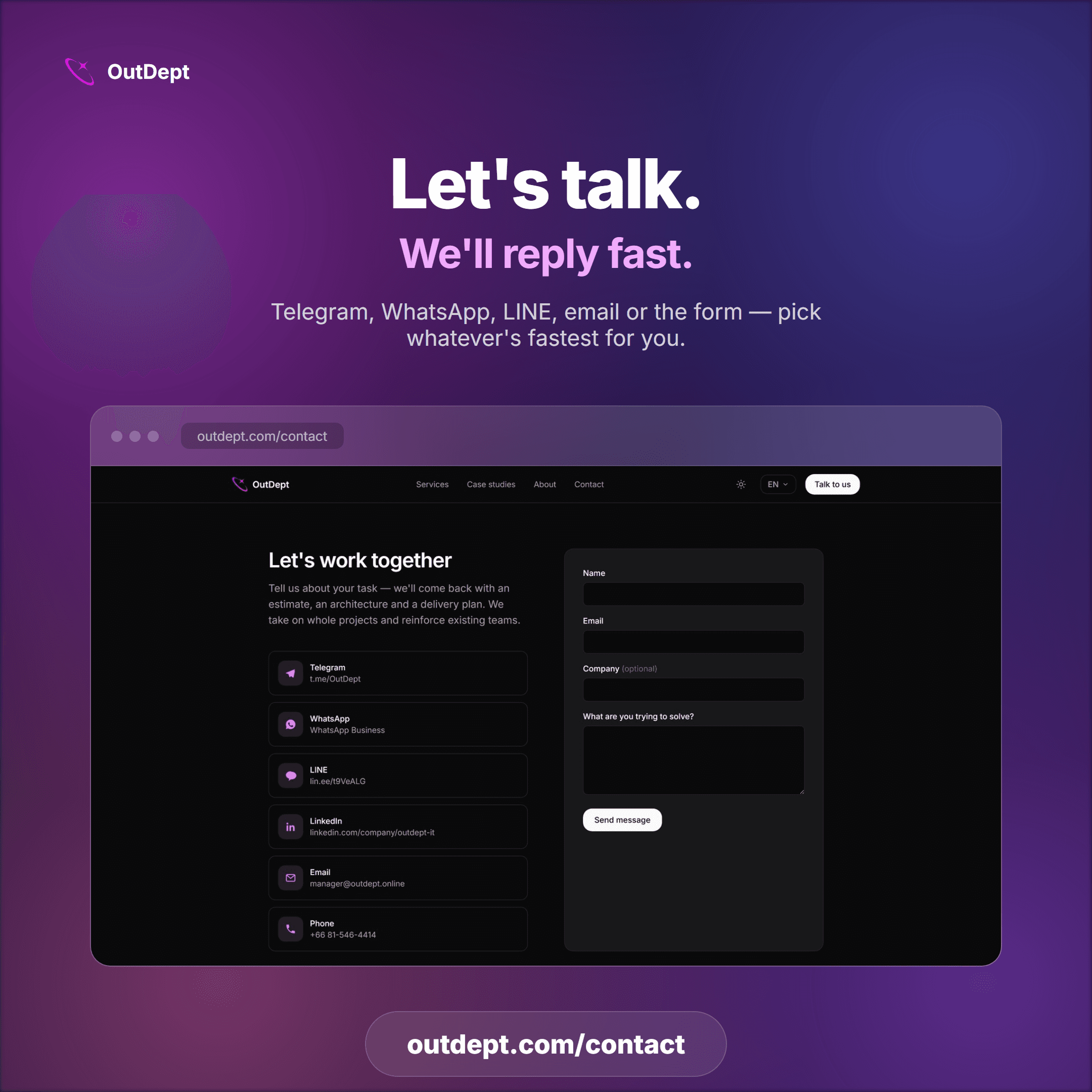 OutDept contact page with Telegram, WhatsApp, LINE, LinkedIn, email and phone options