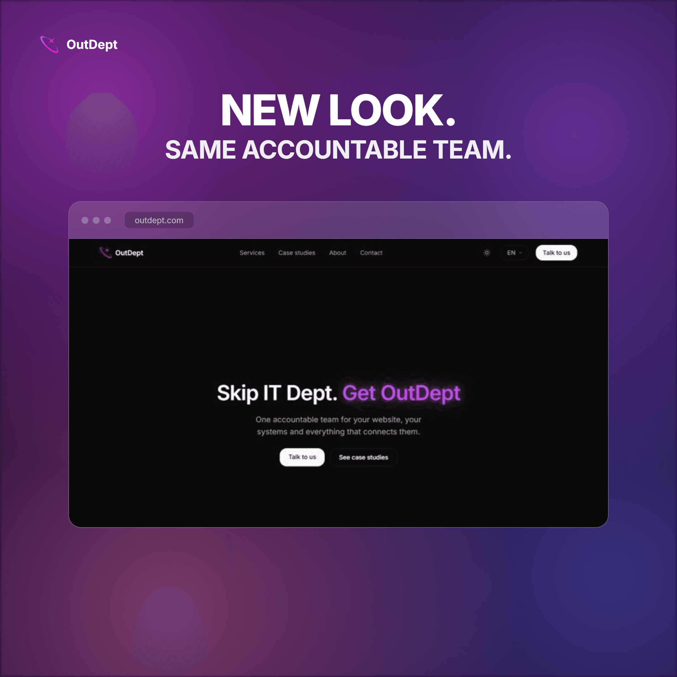 OutDept website new homepage design on a dark, gradient background
